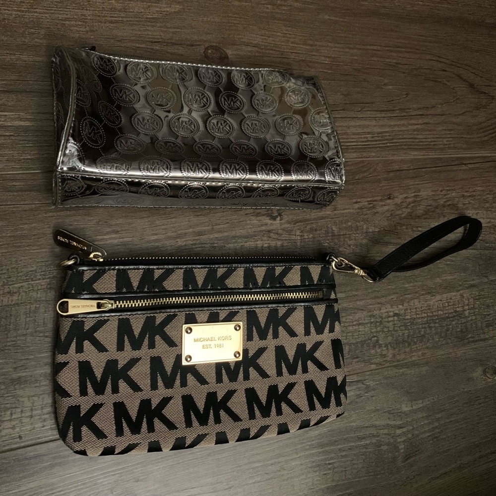 Michael Kors Logo Wristlet and Silver Clutch Set